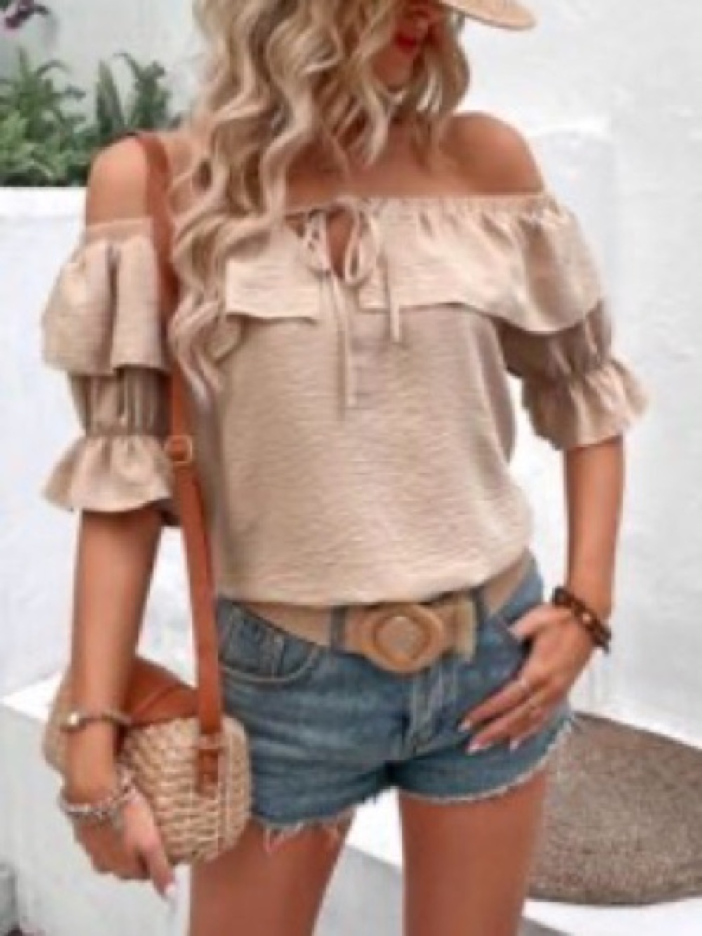 SHEIN Beige Ruffle Off-Shoulder Tie Blouse